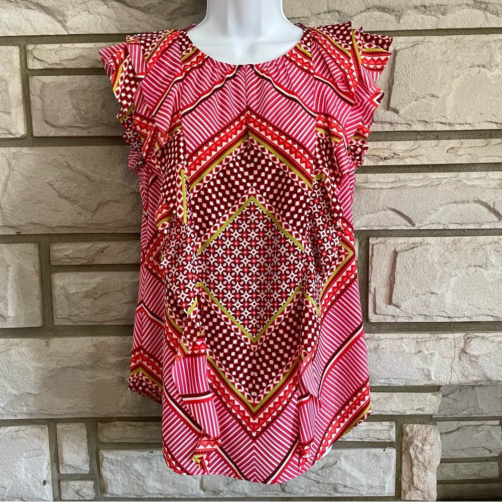 Banana Republic Ruffled Pink/Red Print Sleeveless Blouse Top Size S